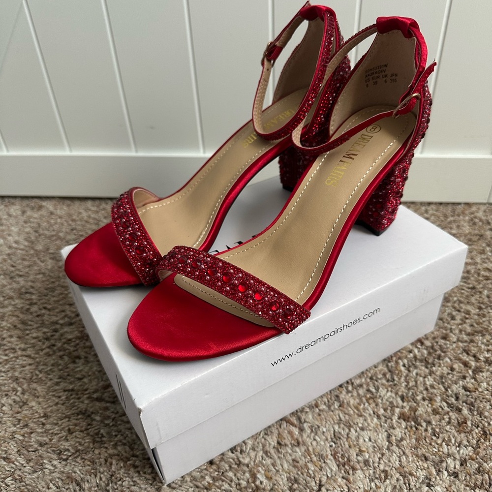 Dream Pairs Red Rhinestone Heels Ankle Strap Block Heel Sandals Ruby Size 8 - Picture 10 of 11